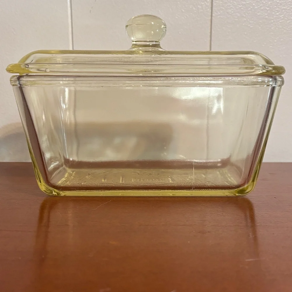 Vintage Glasbake Glass Loaf Pan Casserole Dish with Lid Yellow Tint Made in USA